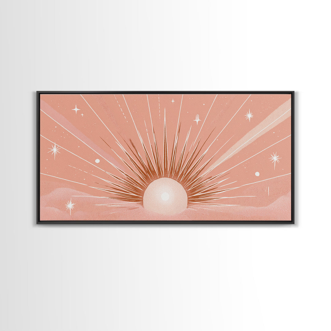 Radiant Peach Sunrise Wall Art, Celestial Sun Rays And Stars, Boho Canvas Print, Dreamy Nursery Decor, Calming Above Bed Art