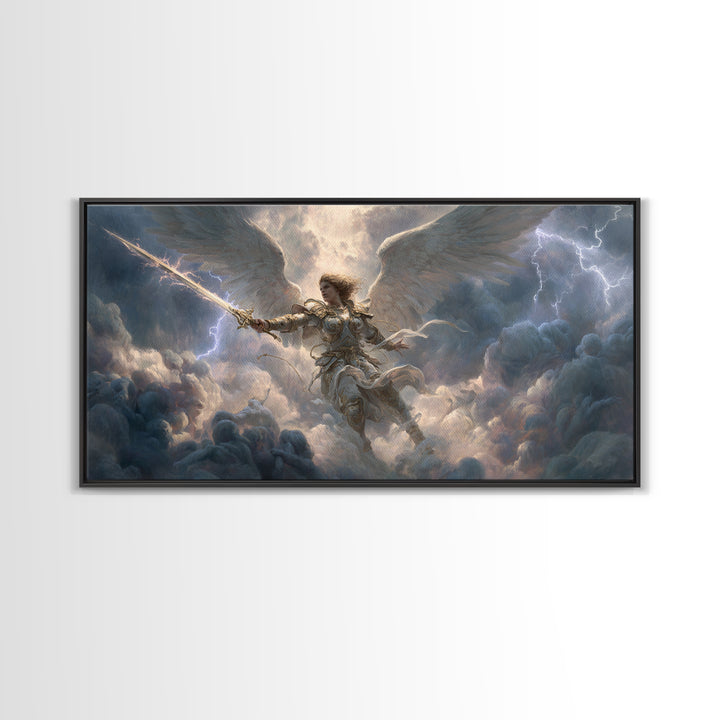 Warrior Angel With Sword Framed Canvas Print, Fantasy Wall Art, Christian Artwork, Storm Clouds, Gift For Him Or Her, Fine Art Print