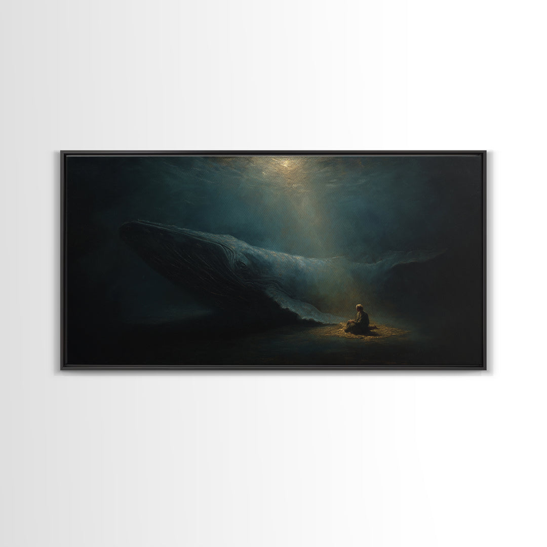Mystic Whale And Tiny Kayaker Wall Art, Surreal Ocean Canvas Print, Moody Sea Life Decor For Bedroom Or Office Wall Decor