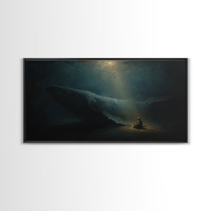 Mystic Whale And Tiny Kayaker Wall Art, Surreal Ocean Canvas Print, Moody Sea Life Decor For Bedroom Or Office Wall Decor