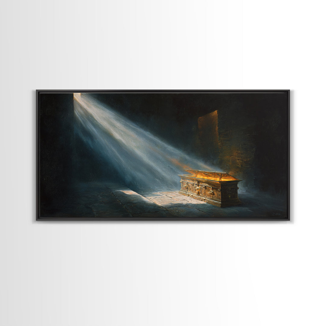 Golden Ark In Sacred Shadow Framed Canvas Print, Biblical Wall Art, Dark Academia Decor, Spiritual Housewarming Gift For Her