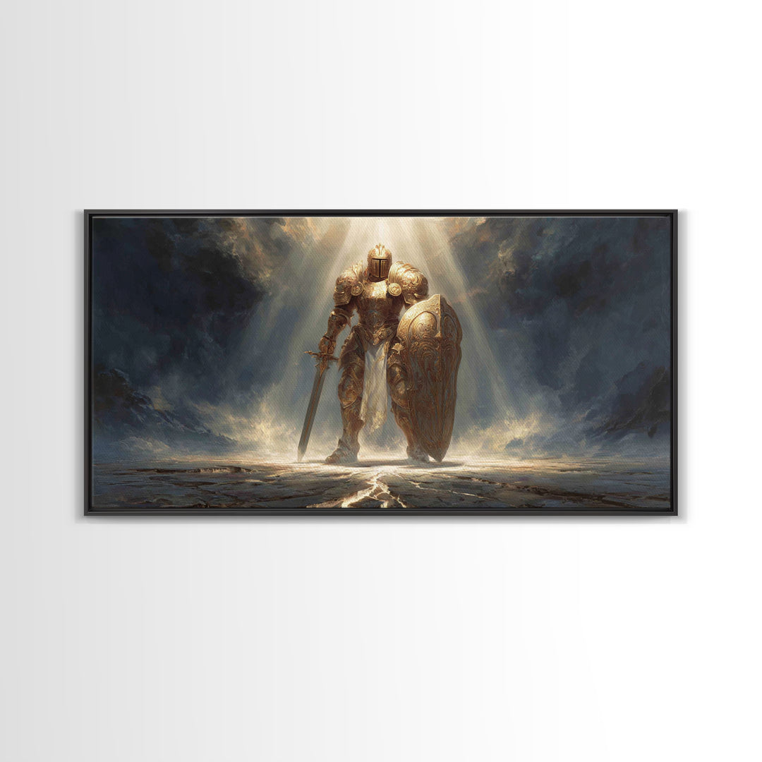 Golden Knight In Storm Light Framed Canvas Print, Epic Fantasy Warrior Large Wall Decor, Medieval Armor Art, Gift For Him