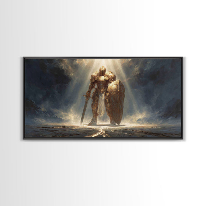 Golden Knight In Storm Light Framed Canvas Print, Epic Fantasy Warrior Large Wall Decor, Medieval Armor Art, Gift For Him