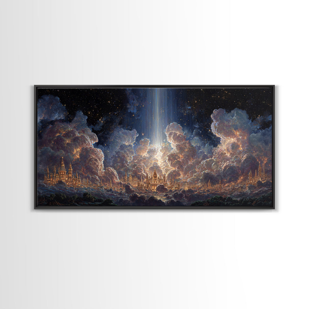 Heavenly Cloud City With Star Beam Canvas Print, Celestial Fantasy Art, Large Wall Decor, Spiritual Home Decor Gift For Her