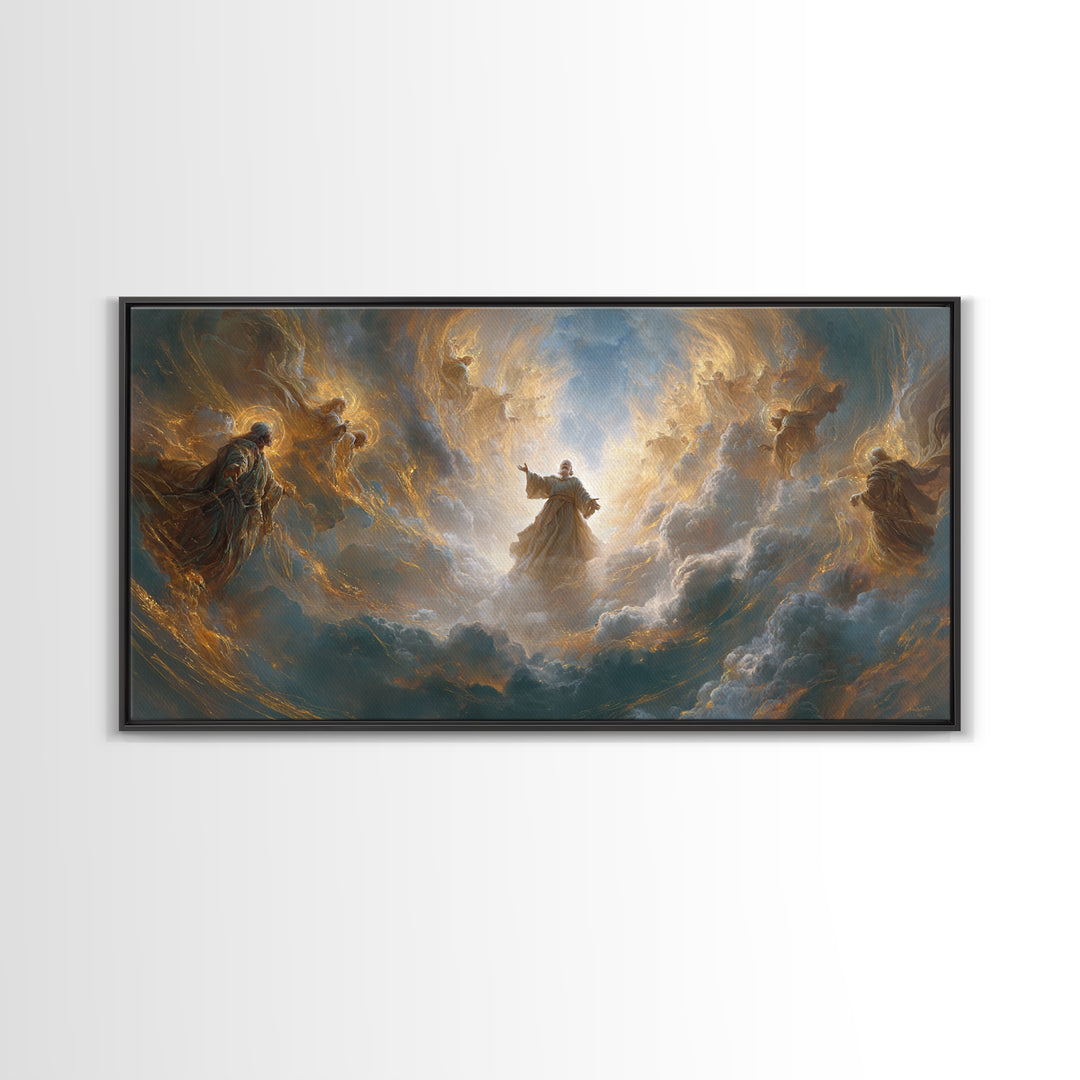Angels And Divine Figure In Luminous Clouds Framed Canvas Print, Spiritual Wall Art, Religious Decor, Christian Gift Idea