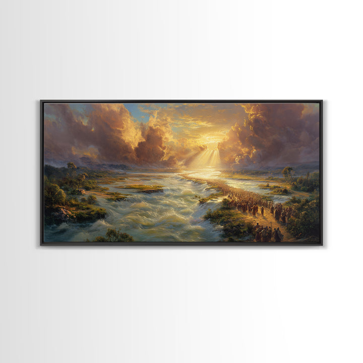 Exodus River Crossing Canvas Print, Golden Biblical Landscape Painting, Christian Wall Decor, Housewarming Gift For Living Room