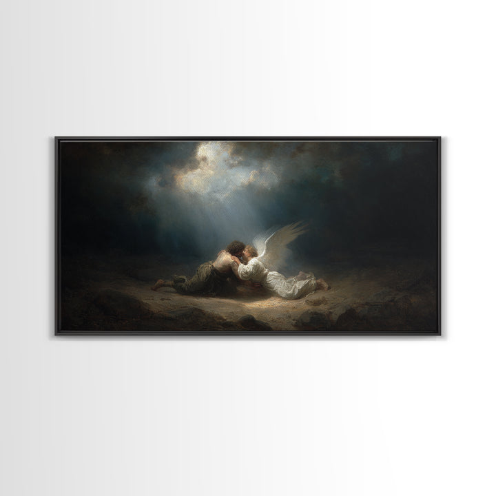 Angel Embracing Fallen Man Wall Art, Dark Baroque Canvas Print, Religious Fine Art, Spiritual Gothic Home Decor Gift For Her