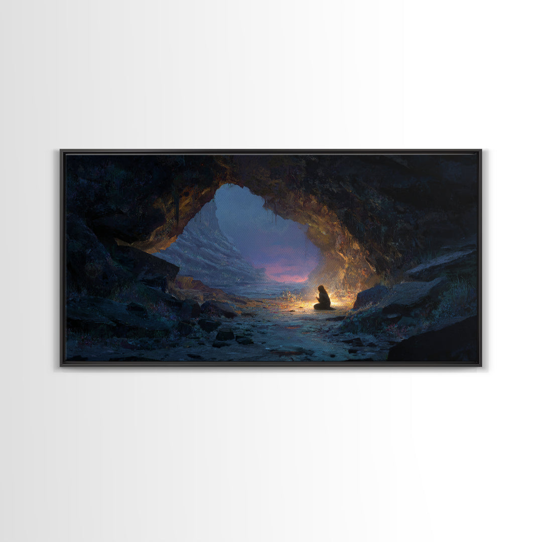 Meditating Figure In Mountain Cave Framed Canvas Print, Mystical Landscape Wall Decor, Zen Fantasy Art For Home And Office Decor