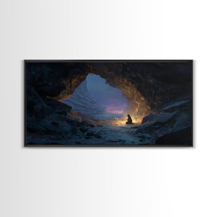 Meditating Figure In Mountain Cave Framed Canvas Print, Mystical Landscape Wall Decor, Zen Fantasy Art For Home And Office Decor