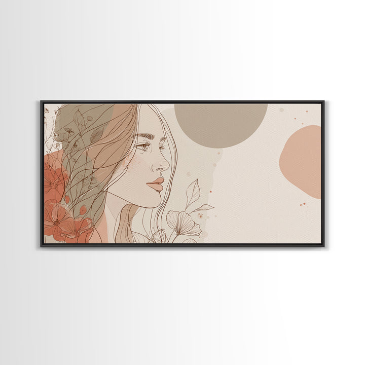 Elegant Woman Profile Wall Art, Floral Line Drawing, Feminine Canvas Print, Neutral Boho Bedroom Decor, Gift For Her, Modern Home Decor