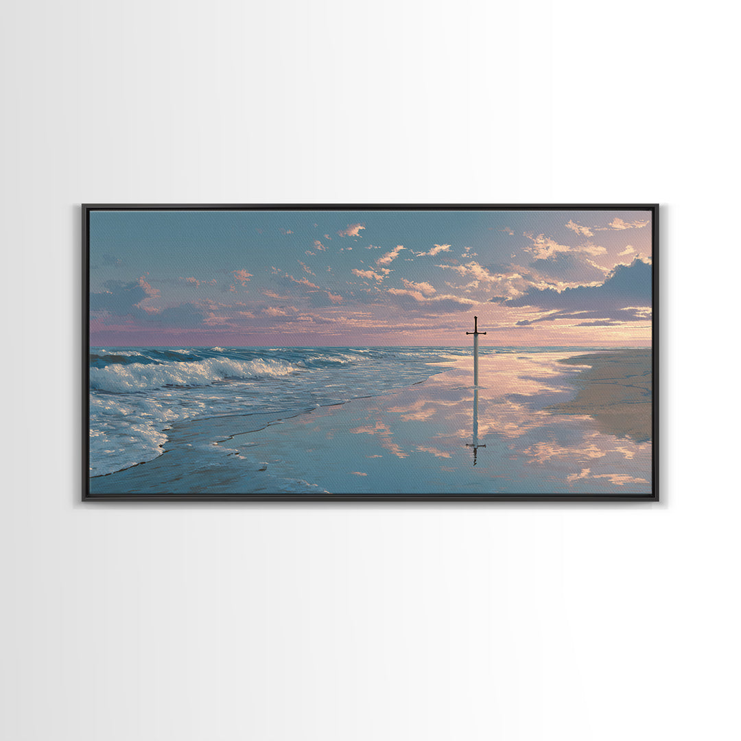 Ocean Sunrise Cross On Wet Sand Framed Canvas Print, Christian Wall Art, Coastal Beach Decor, Peaceful Seascape Art Gift