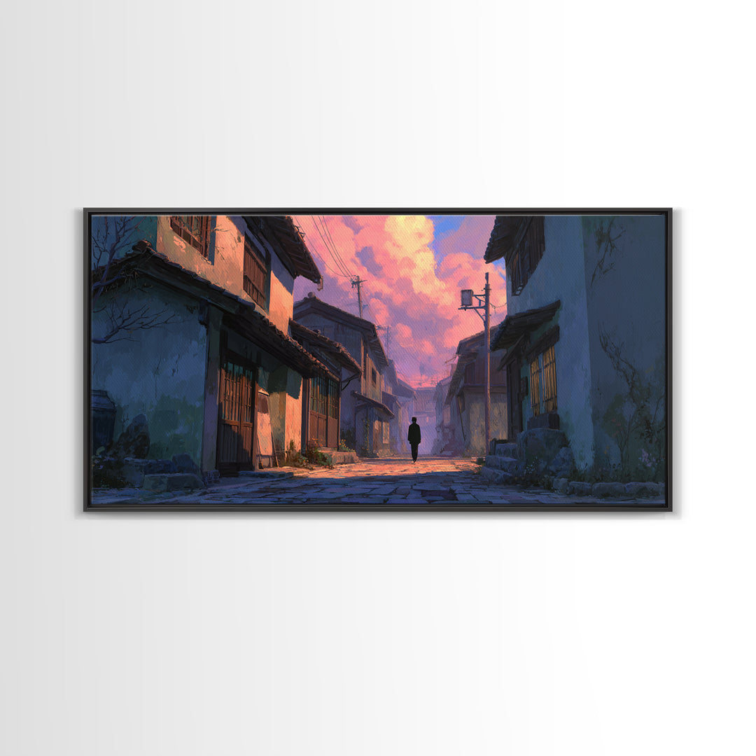 Japanese Twilight Alley Wall Art, Anime Inspired Canvas Print, Moody Urban Landscape, Japandi Decor For Home Office And Gift