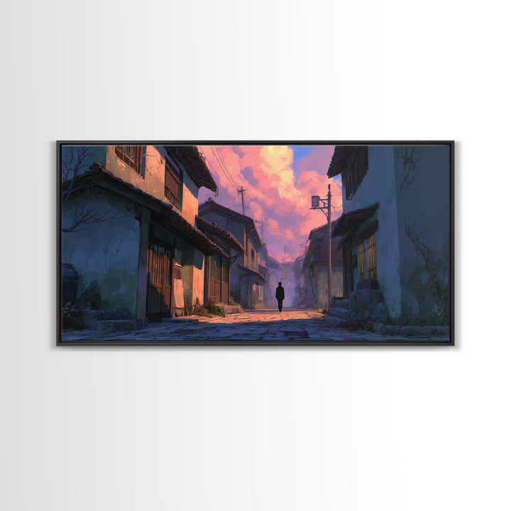Japanese Twilight Alley Wall Art, Anime Inspired Canvas Print, Moody Urban Landscape, Japandi Decor For Home Office And Gift