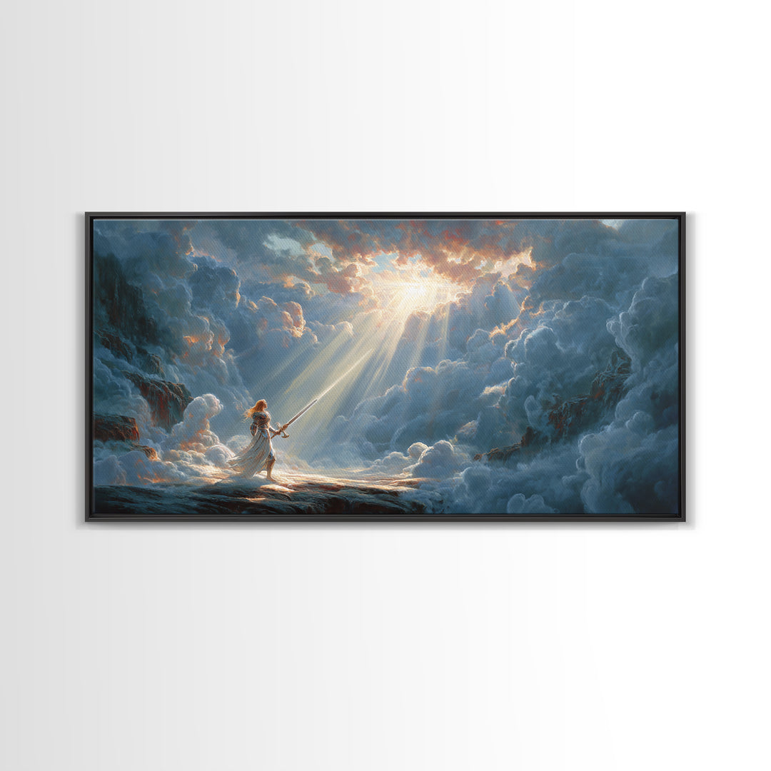 Angel Warrior In Heavenly Clouds Framed Canvas Print, Fantasy Woman Art, Divine Light Wall Decor, Spiritual Gift For Her