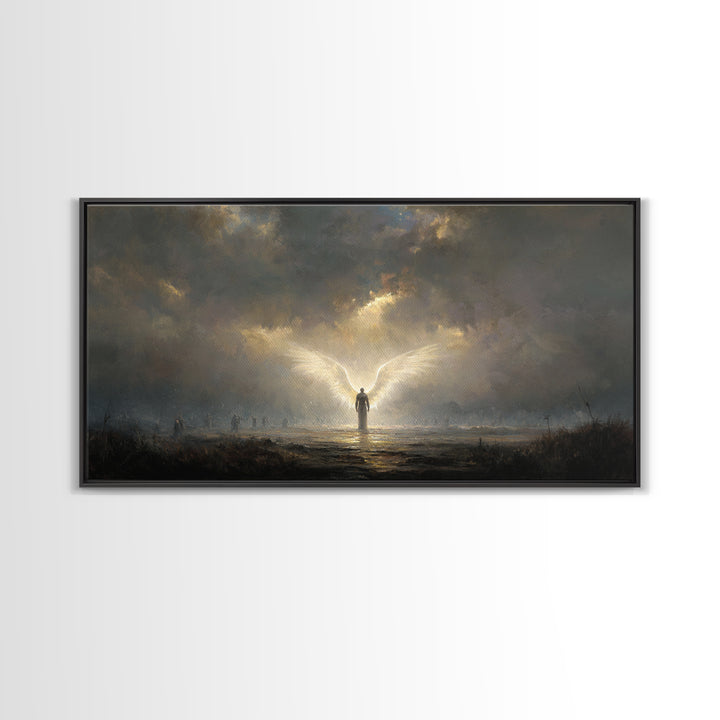 Radiant Angel In Storm Wall Art, Dark Fantasy Spiritual Canvas Print, Moody Religious Decor For Prayer Room And Bedroom Decor