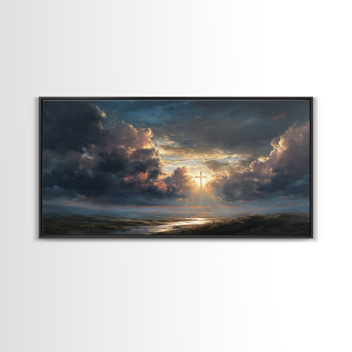 Radiant Cross In Storm Clouds Wall Art, Christian Landscape Canvas Print, Inspirational Faith Decor, Spiritual Sky Art Print