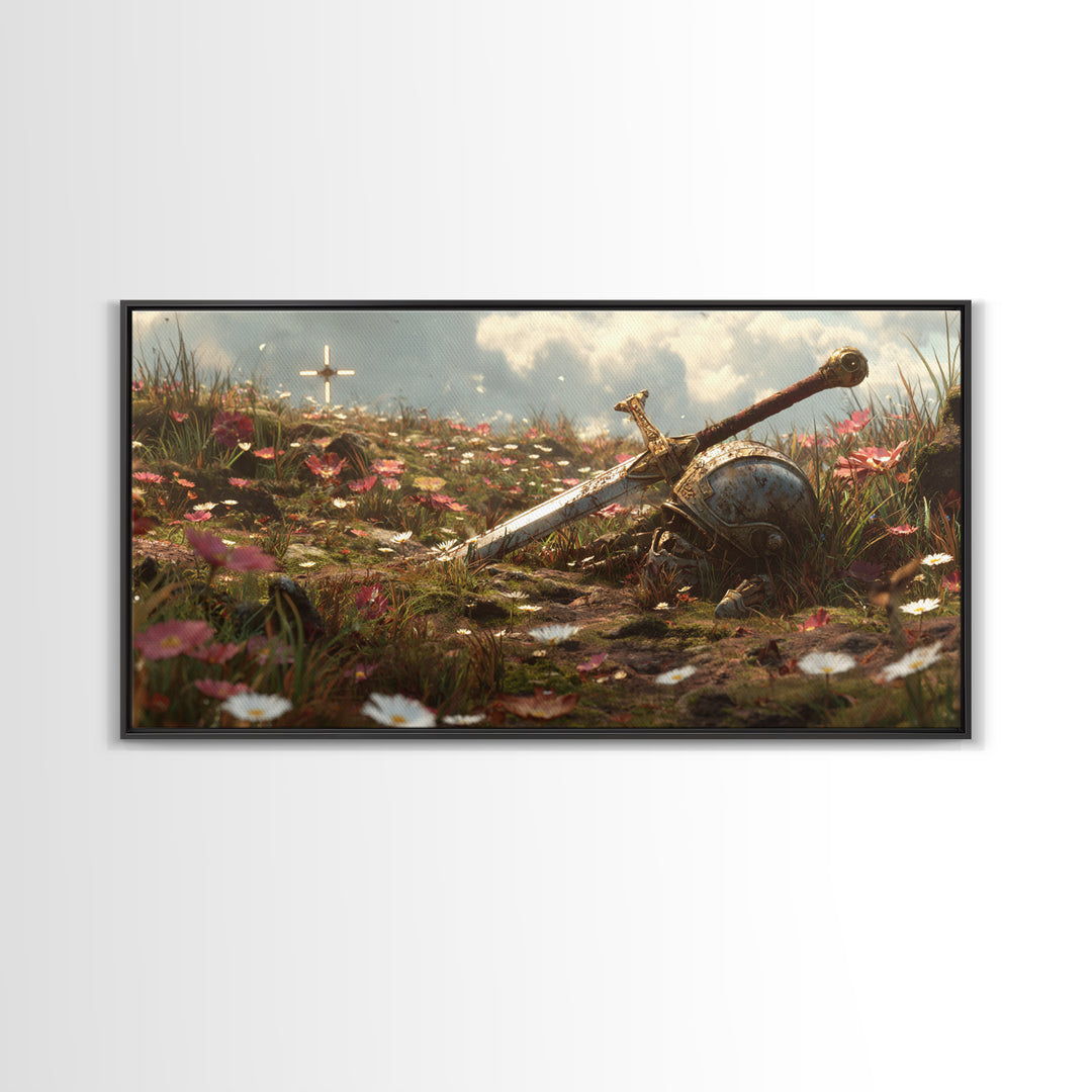 Flowered Battlefield Sword And Helmet Canvas Print, Fantasy Art, Knight Wall Decor, Gothic Gift For Him, Large Wall Art Print