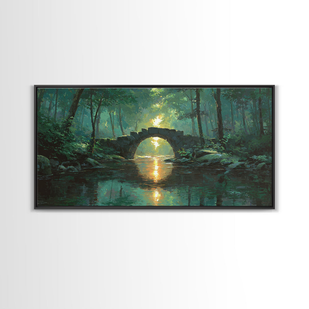 Sunlit Stone Bridge Over Forest River Canvas Print, Tranquil Landscape Wall Art, Japandi Nature Decor, Calming Home Gift