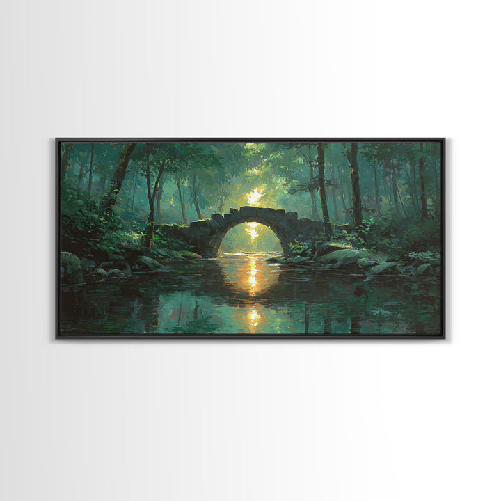 Sunlit Stone Bridge Over Forest River Canvas Print, Tranquil Landscape Wall Art, Japandi Nature Decor, Calming Home Gift