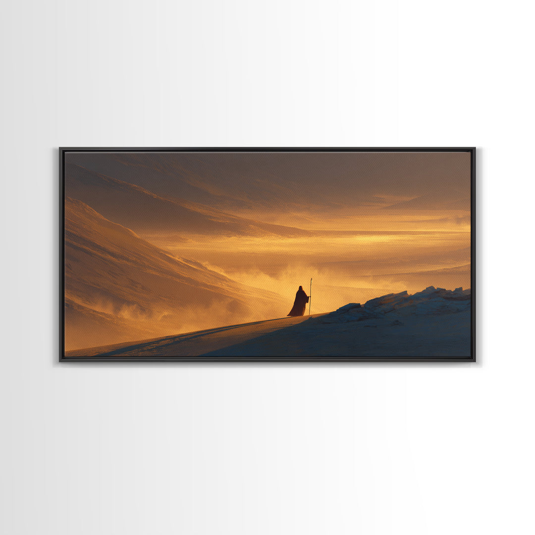 Lone Traveler In Golden Snowy Mountains Canvas Print, Epic Sunset Landscape Wall Art, Rustic Adventure Home Decor Gift For Him