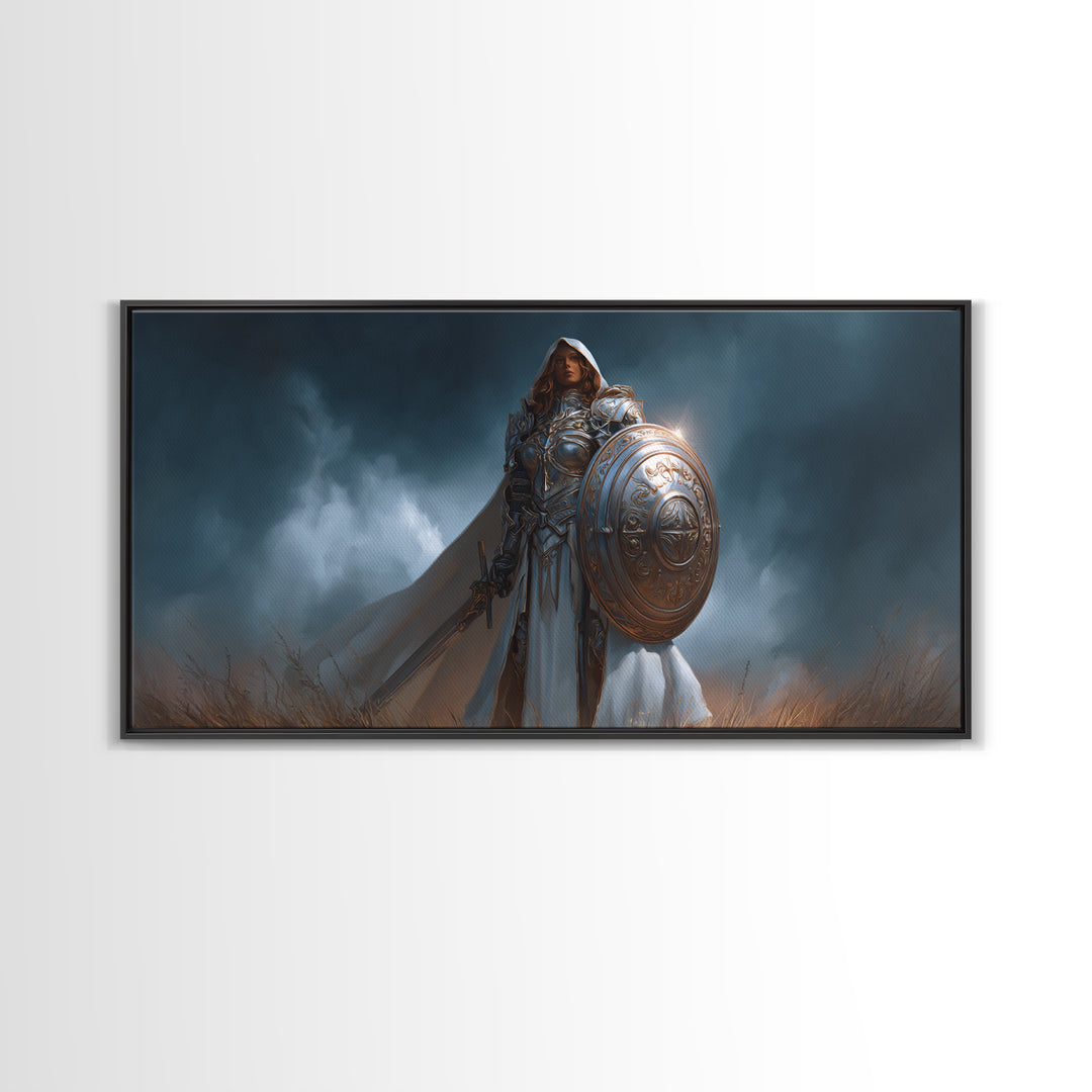 Armored Woman Warrior Framed Canvas Print, Fantasy Wall Art, Shield And Sword Decor, Strong Female Hero, Gamer Gift For Her