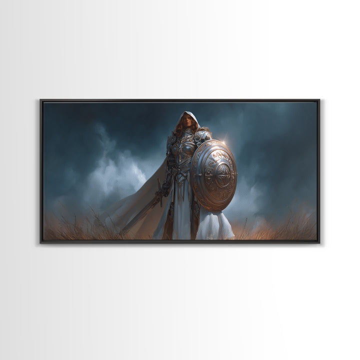 Armored Woman Warrior Framed Canvas Print, Fantasy Wall Art, Shield And Sword Decor, Strong Female Hero, Gamer Gift For Her