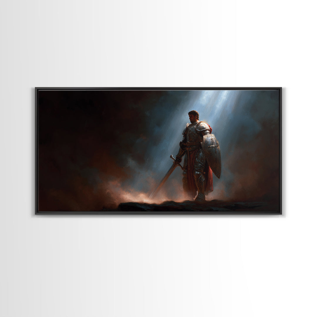 Armored Knight In Dramatic Light Canvas Print, Dark Fantasy Wall Art, Medieval Warrior Decor, Gothic Gift For Him, Game Room Art