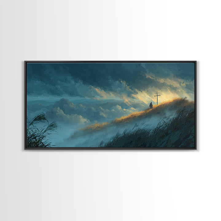 Sunlit Mountain Hill With Lone Cross Wall Art, Spiritual Landscape Canvas Print, Christian Decor, Calming Nature Art For Bedroom