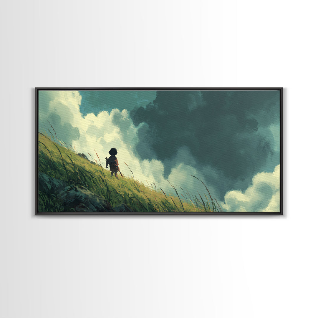Child On Windswept Grassy Hill Wall Art, Dramatic Cloud Landscape, Whimsical Nursery Decor, Fantasy Adventure Canvas Print