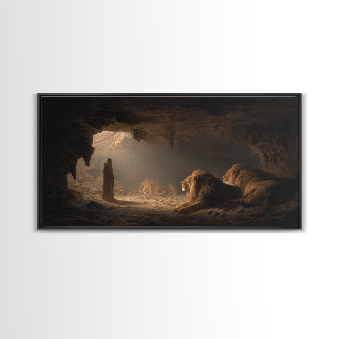 Daniel In The Lions Den Wall Art, Biblical Fantasy Canvas Print, Dramatic Cave Painting, Christian Home Decor Inspirational Gift