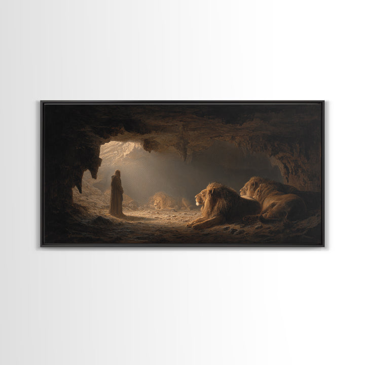 Daniel In The Lions Den Wall Art, Biblical Fantasy Canvas Print, Dramatic Cave Painting, Christian Home Decor Inspirational Gift