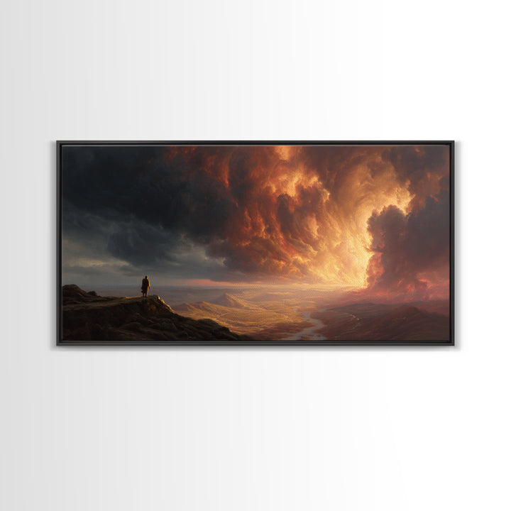 Lone Traveler Storm Valley Wall Art, Dramatic Sunset Landscape Canvas Print, Moody Mountain Decor, Fantasy Fine Art Print