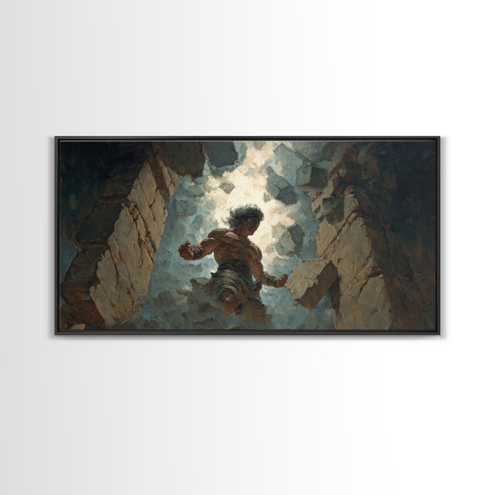 Mighty Warrior Breaking Stone Wall Art, Dramatic Fantasy Canvas Print, Epic Battle Decor For Game Room Or Man Cave Wall Decor