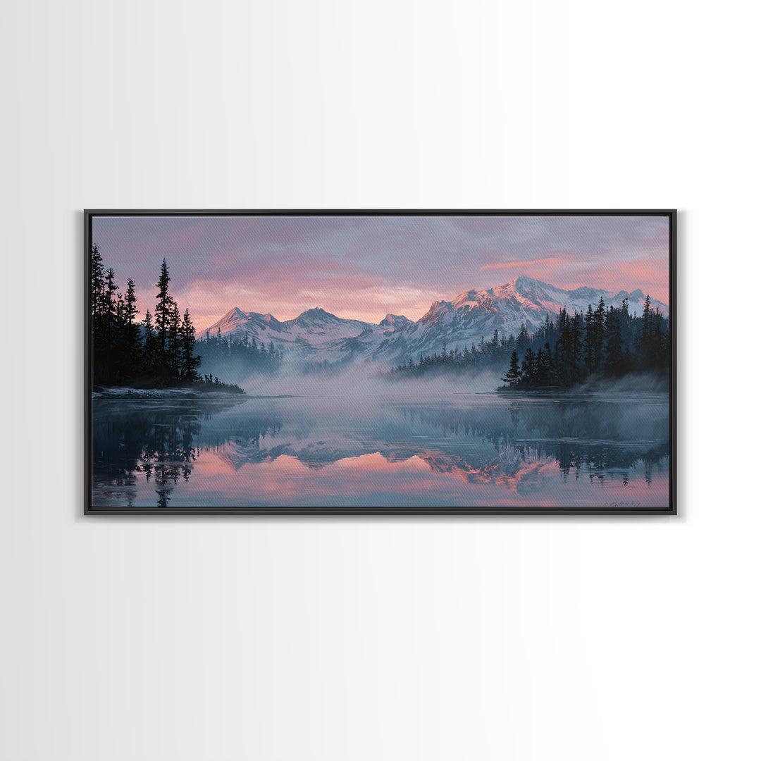 Pink Alpine Mountain Lake Wall Art, Misty Forest Landscape Canvas Print, Nature Decor, Large Wall Art For Living Room Decor