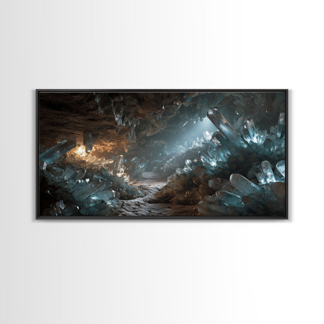 Glowing Crystal Cave Fantasy Canvas Print, Blue Quartz Cavern Wall Decor, Mystical Landscape Art, Unique Gamer Room Gift
