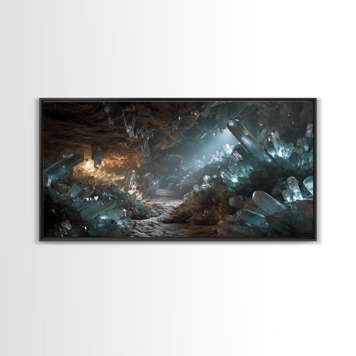 Glowing Crystal Cave Fantasy Canvas Print, Blue Quartz Cavern Wall Decor, Mystical Landscape Art, Unique Gamer Room Gift