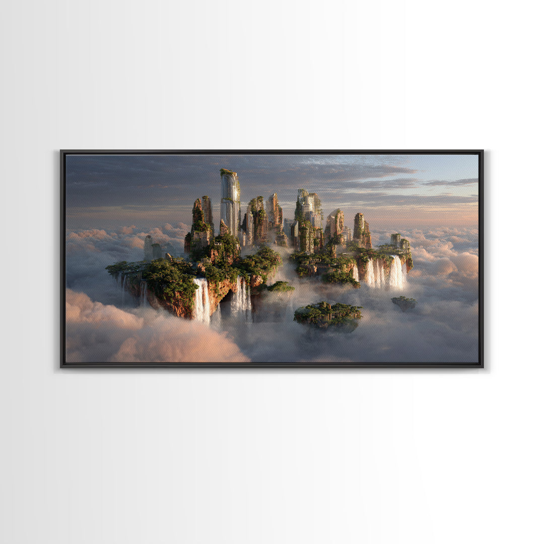 Floating Island City Above Clouds Wall Art, Fantasy Landscape Canvas Print, Surreal Modern Decor, Statement Artwork Gift