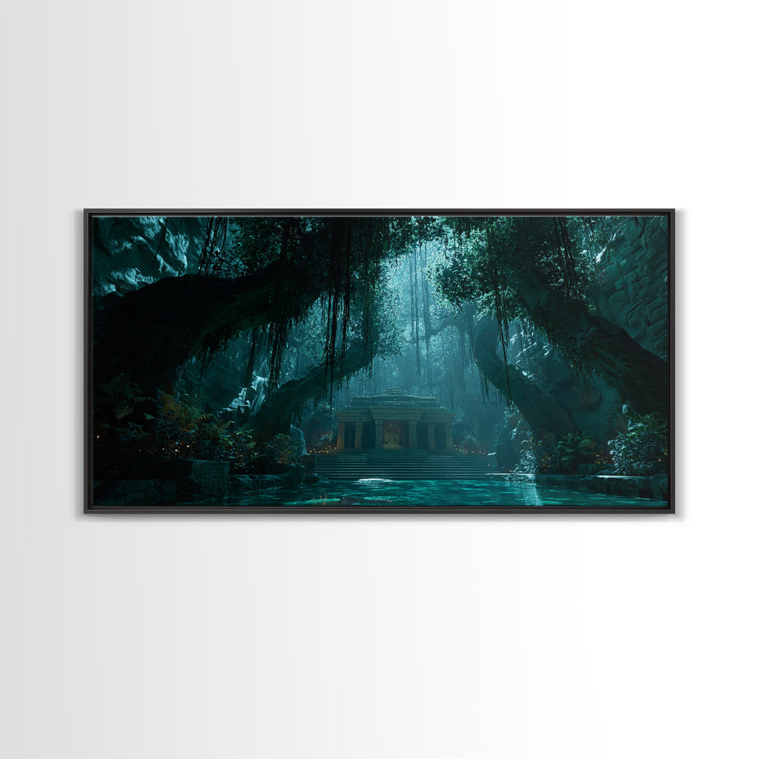 Teal Jungle Temple Cave With Waterfall Wall Art, Fantasy Canvas Print, Moody Nature Decor, Zen Home Decor, Unique Gift For Her