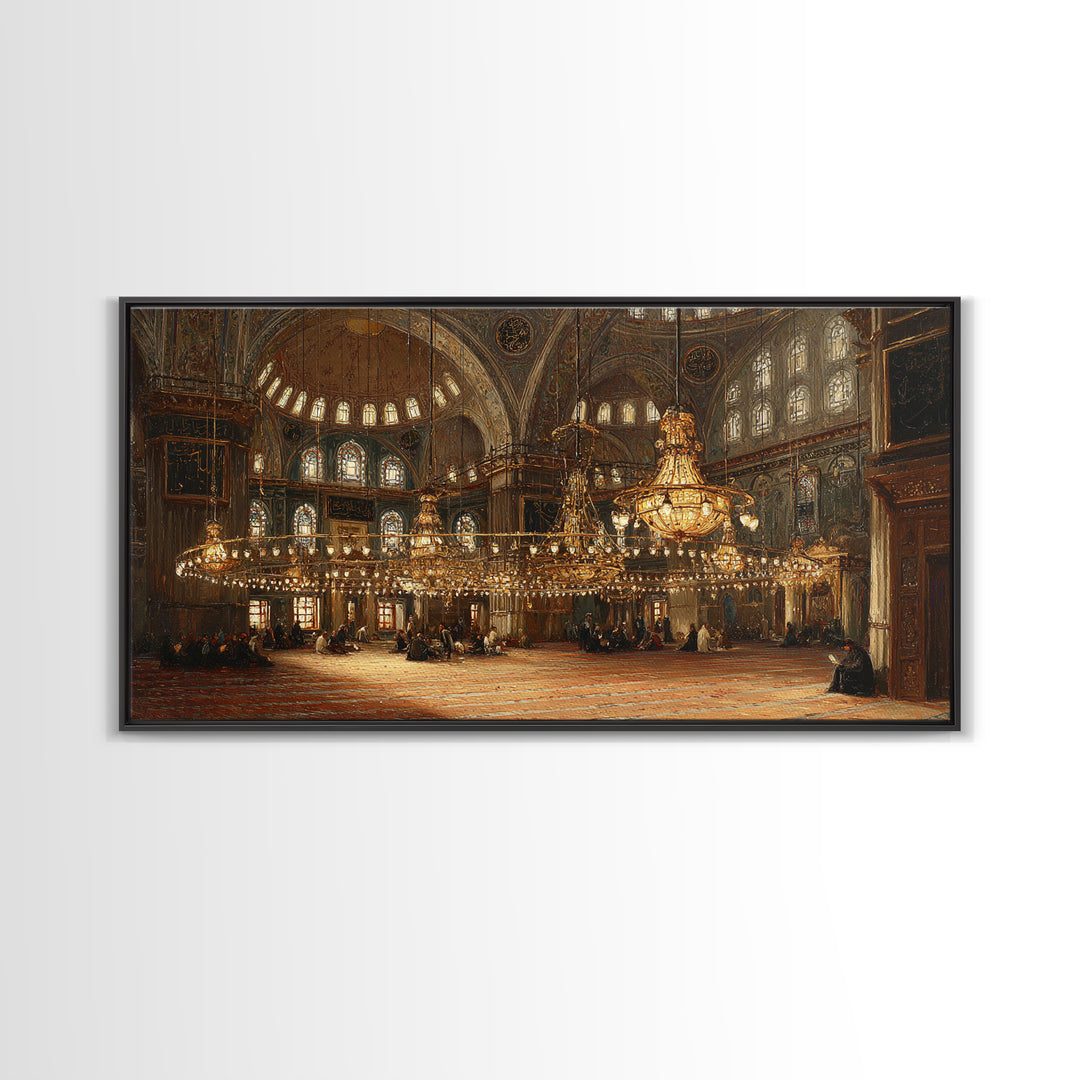 Ornate Mosque Interior With Golden Chandeliers Framed Canvas Print, Islamic Architecture Wall Art, Elegant Ramadan Decor
