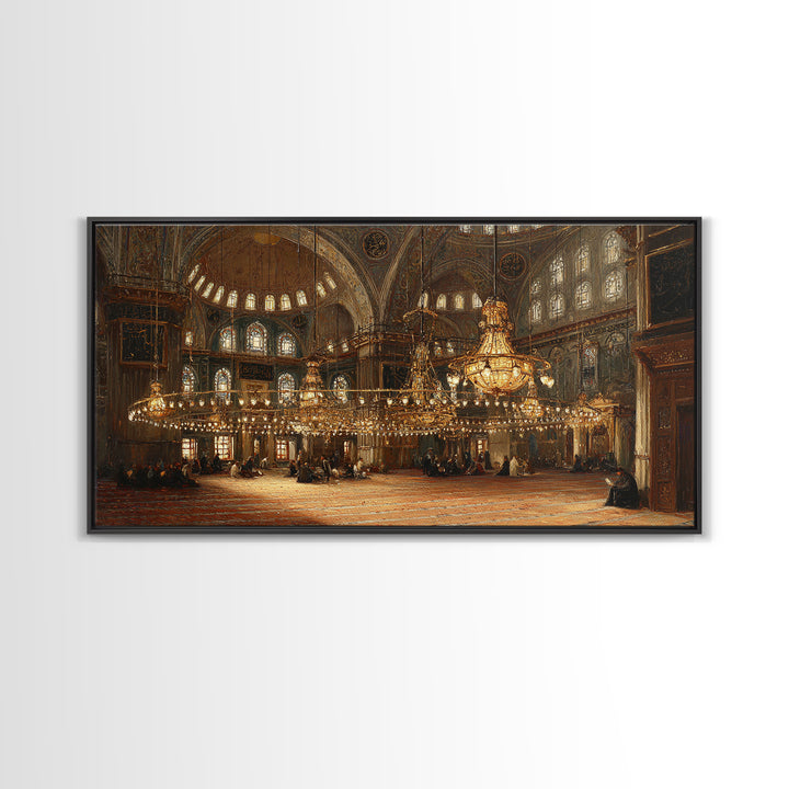 Ornate Mosque Interior With Golden Chandeliers Framed Canvas Print, Islamic Architecture Wall Art, Elegant Ramadan Decor