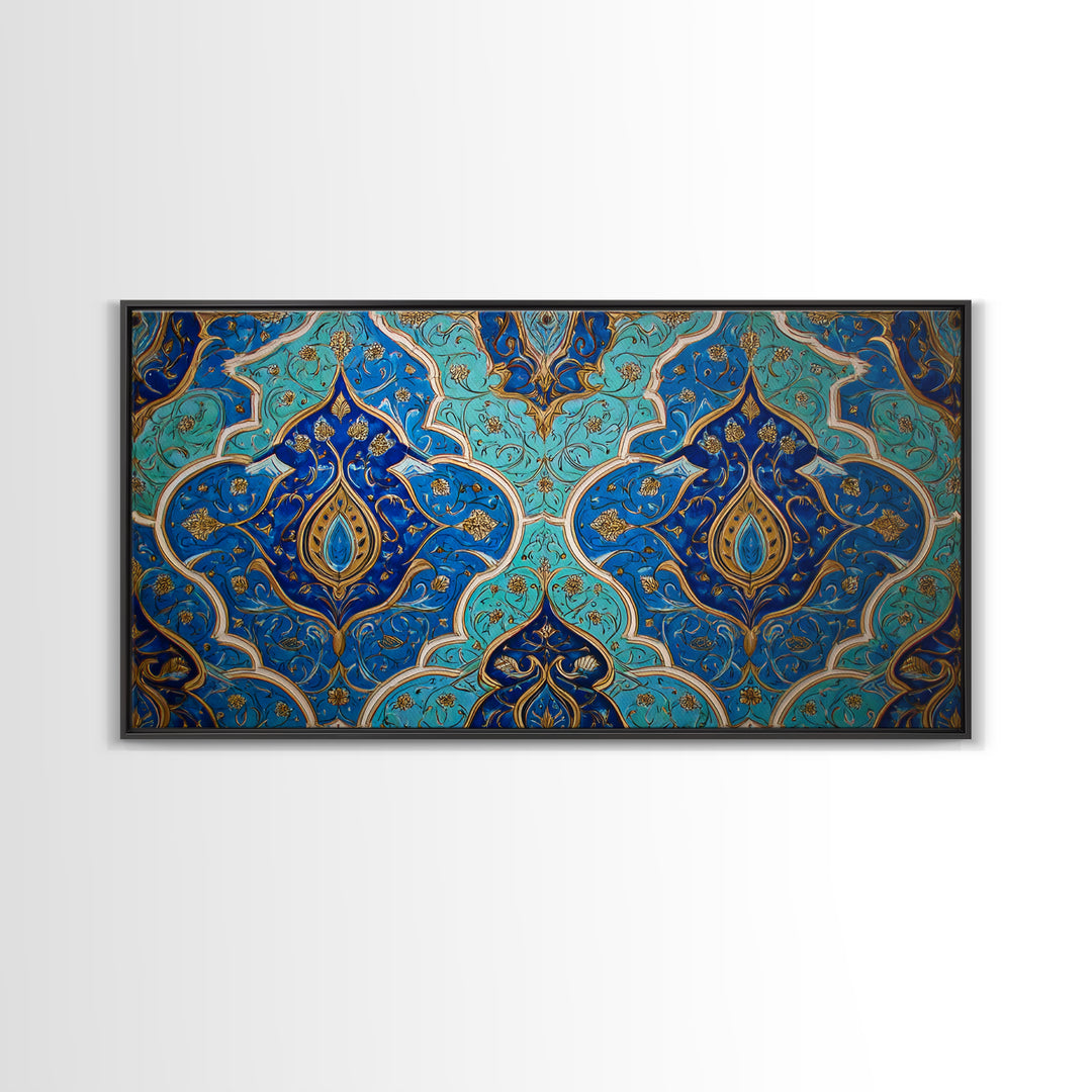Blue Gold Moroccan Tile Pattern Wall Art, Islamic Home Decor, Boho Wall Decor, Geometric Art, Luxury Statement Artwork Gift