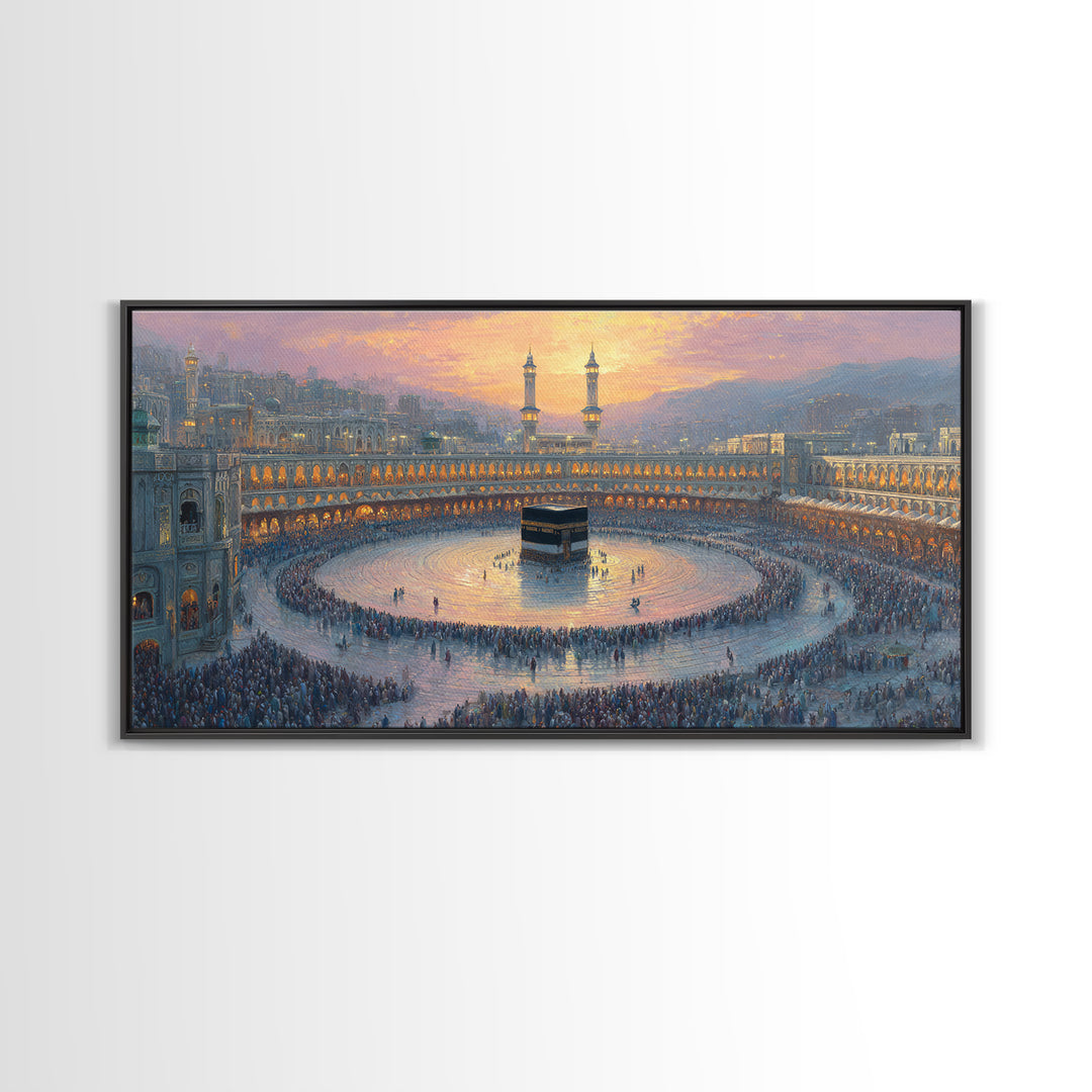 Sunset Kaaba Pilgrimage At Mecca Framed Canvas Print, Islamic Wall Art, Muslim Home Decor, Spiritual Gift, Prayer Room Decor