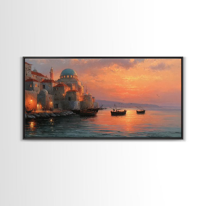 Mediterranean Dome Harbor Sunset Canvas Print, Coastal Wall Art, Italian Seascape Decor, Boats Over Water, Travel Gift Idea