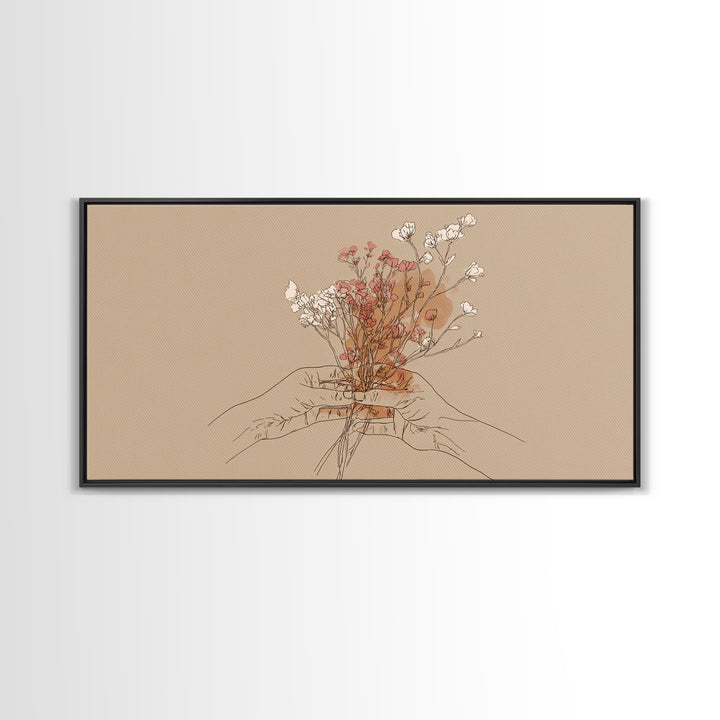 Hands Holding Wildflowers Wall Art, Minimal Line Art Canvas Print, Neutral Botanical Decor, Feminine Bedroom Gift For Her