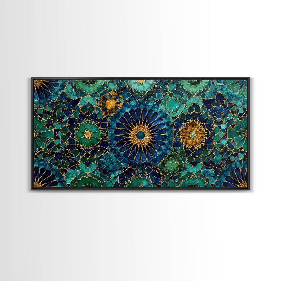 Teal Gold Floral Mosaic Canvas Print, Moroccan Wall Art, Geometric Pattern Decor, Mediterranean Tile Gift For Her, Luxury Home Decor