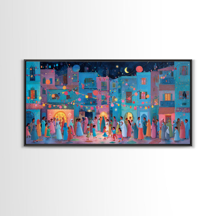 Colorful Moonlit Wedding Street Wall Art, Mediterranean Festival Canvas Print, Dopamine Decor, Joyful Village Poster Gift