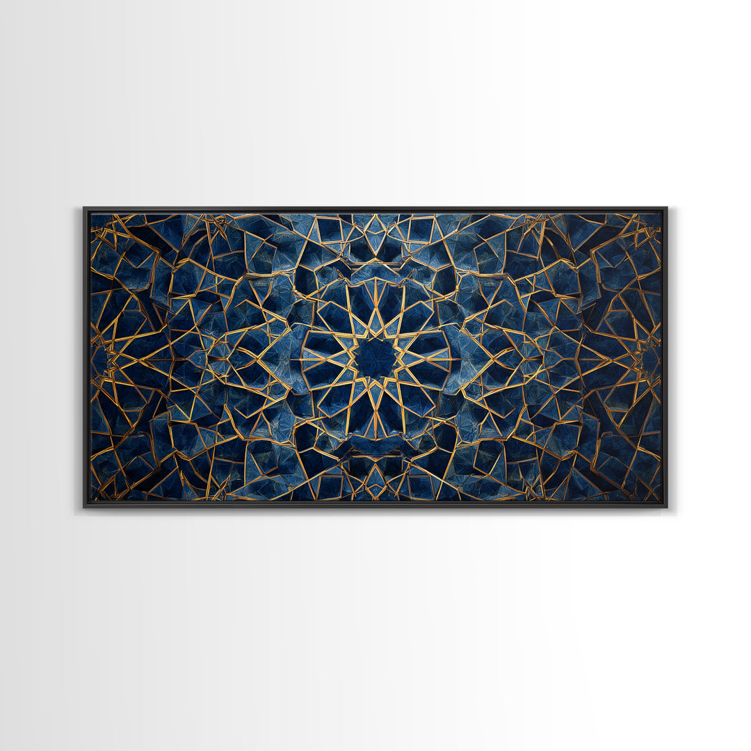 Blue Gold Islamic Geometric Wall Art, Sacred Pattern Canvas Print, Moroccan Tile Decor For Modern Living Room Home Decor Gift