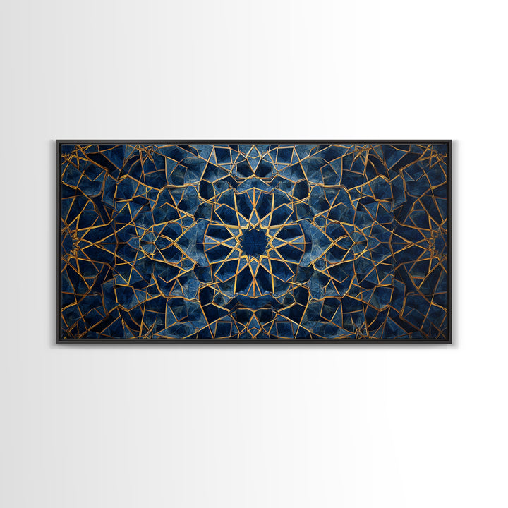 Blue Gold Islamic Geometric Wall Art, Sacred Pattern Canvas Print, Moroccan Tile Decor For Modern Living Room Home Decor Gift