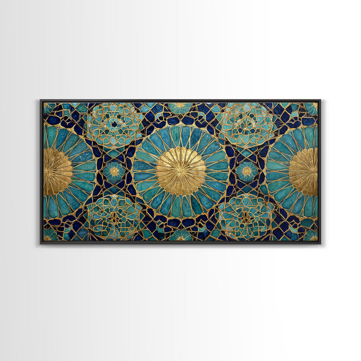 Teal And Gold Islamic Geometric Mosaic Wall Art, Moroccan Decor, Arabic Pattern Art, Spiritual Canvas Print, Luxury Home Decor