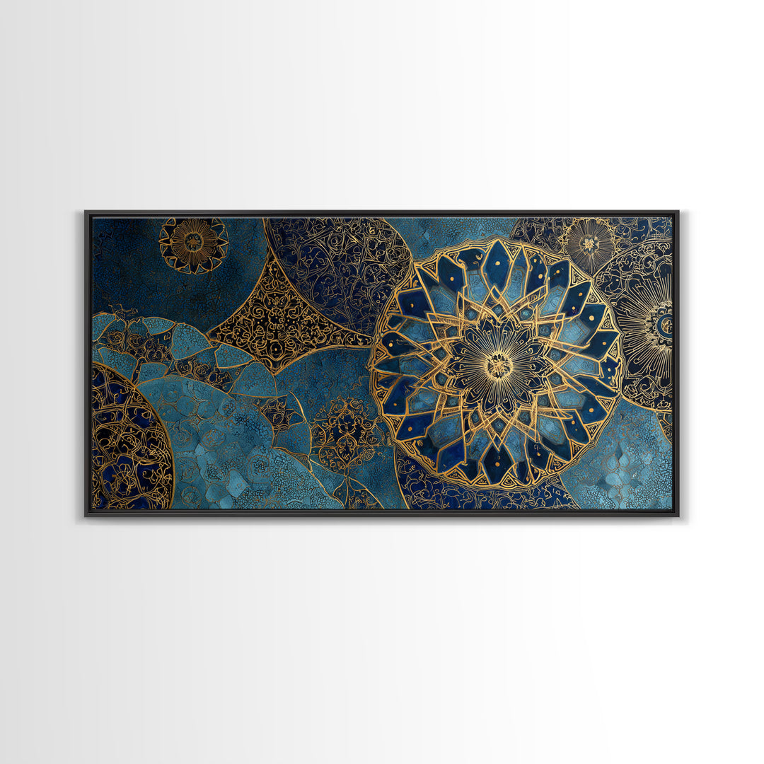 Blue Gold Islamic Mandala Wall Art, Moroccan Geometric Canvas Print, Arabic Home Decor, Large Living Room Wall Decor, Gift